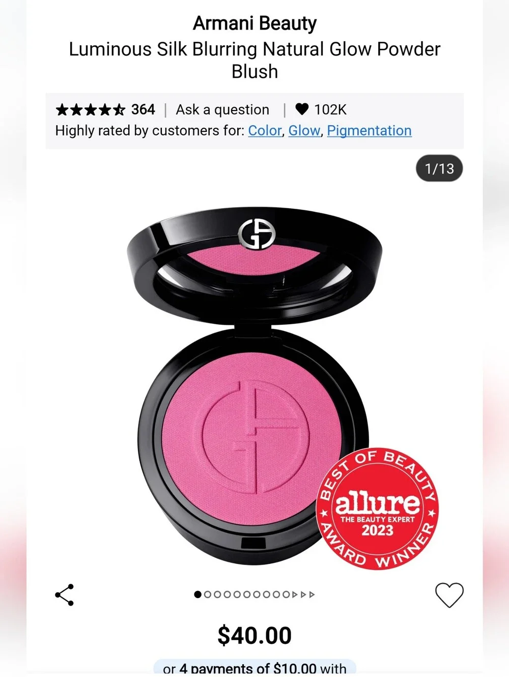 Giorgio Armani Luminous Silk Blurring Blush — 52 ecstacy